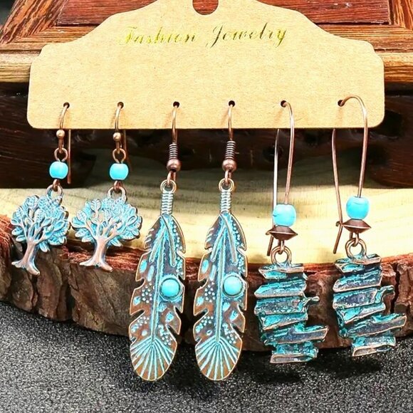 3pr Turquoise Bronzed Earrings Dangle Gypsy Boho Hippie Native Southwest Feather - Picture 1 of 2